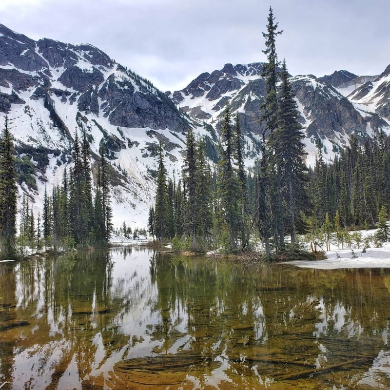 a pond with a mountain in the snow