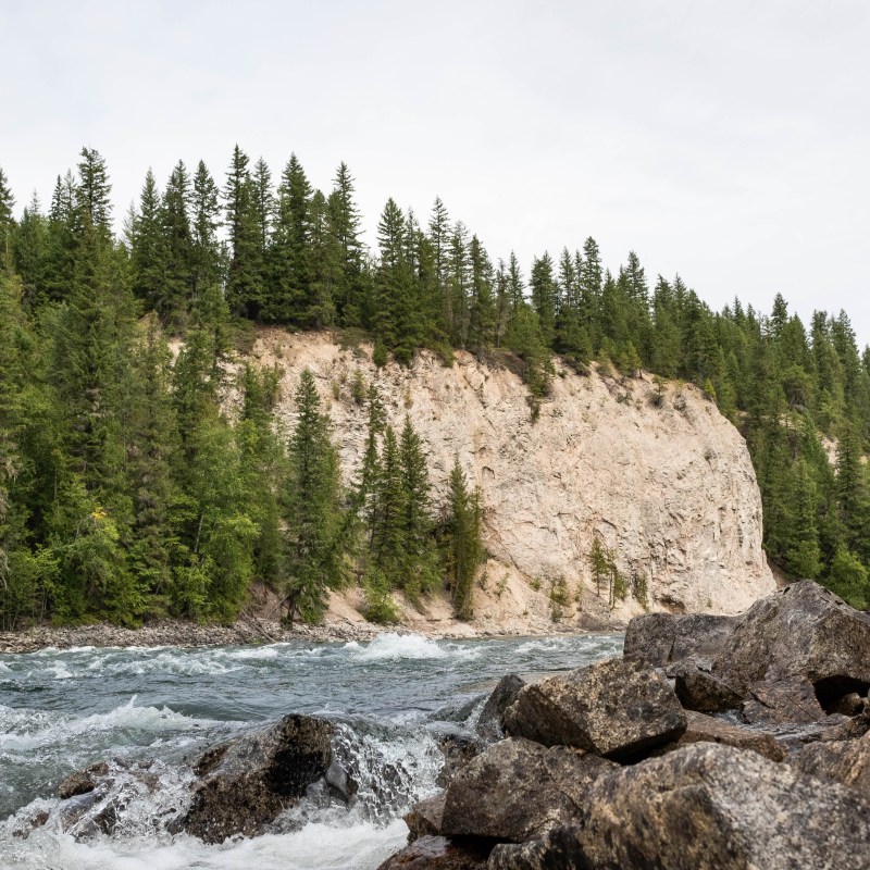 a rocky river with trees on the side of a rock