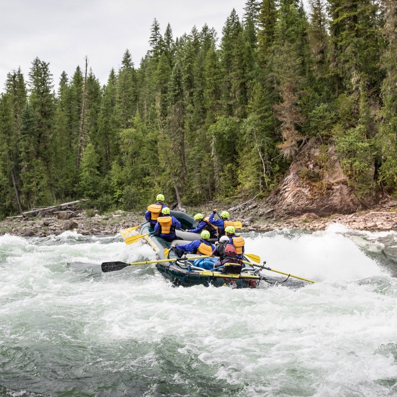 a man riding on a raft in a forest