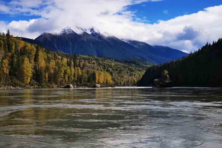River flowing with mountains and forest under a partly cloudy sky.